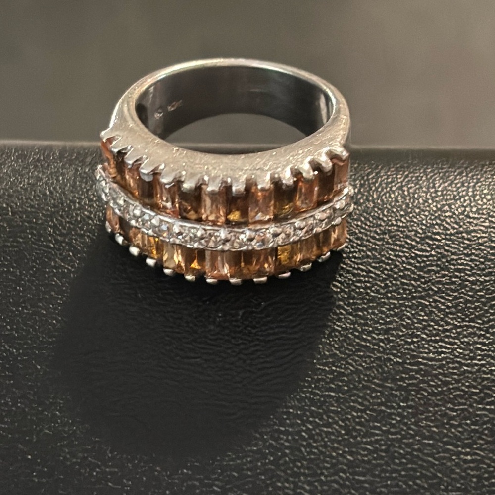 Vintage 925 Sterling silver Smokey quartz baguette & zirconia stones ring size 7